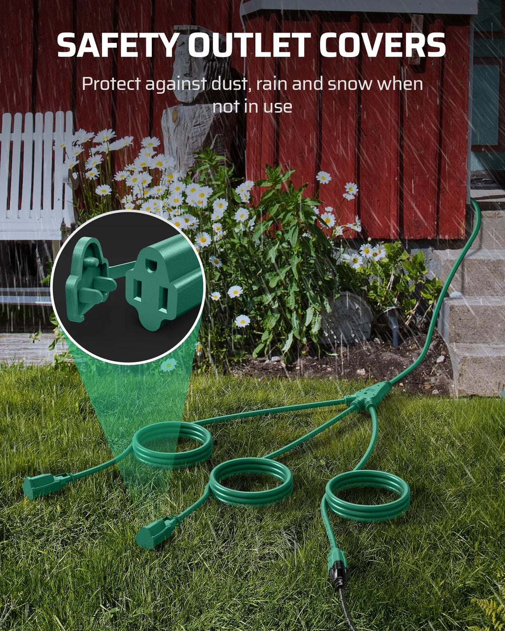 25 FT Outdoor Extension Cord with 3 Outlets, 16 AWG 3 Prong Grounded Green Power Cord C709789