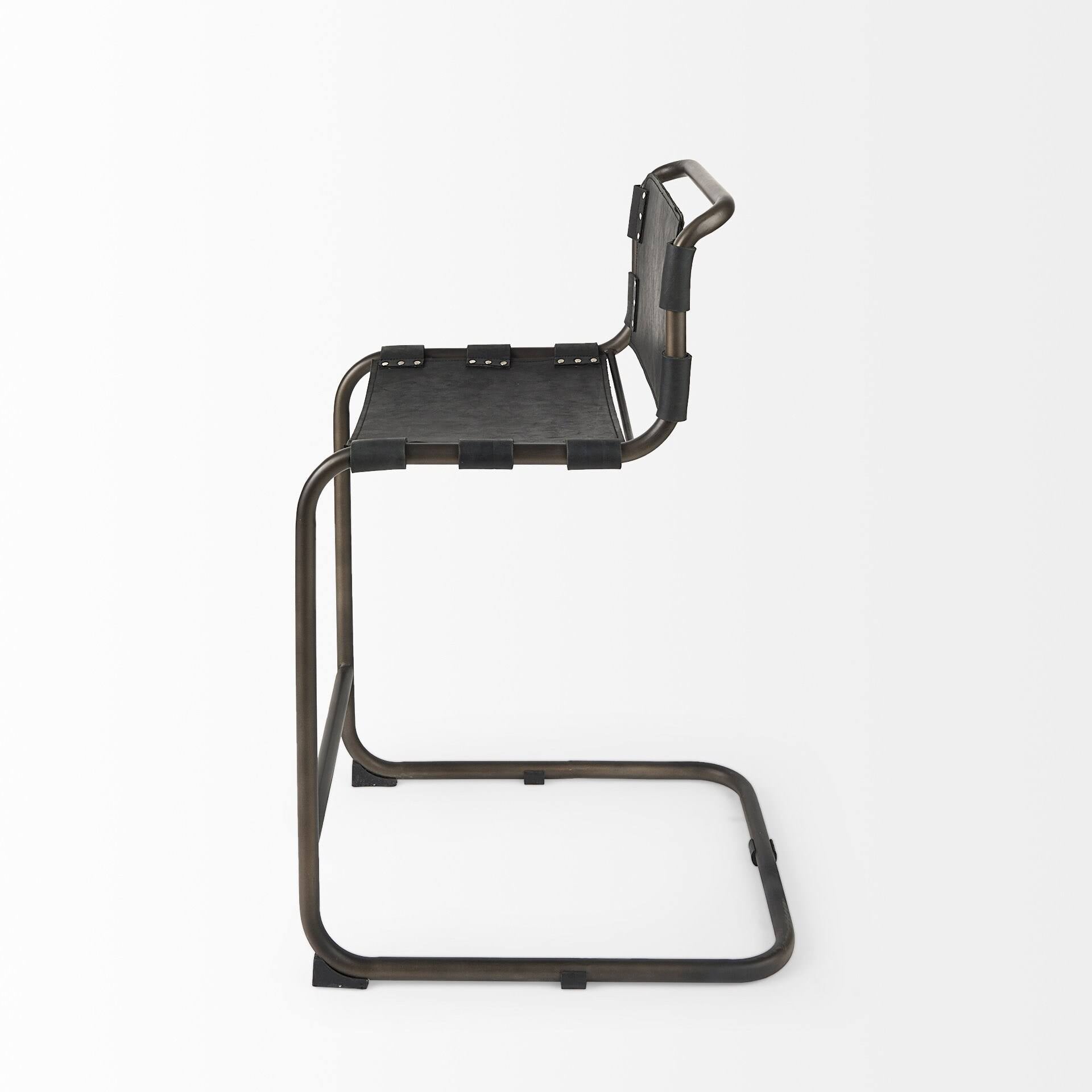 Medium Brown Leather Bar Stool with Iron Frame T814
