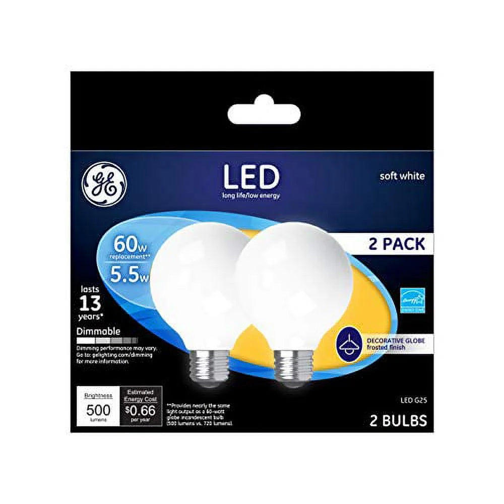 2-Pack 5.5-Watt LED Soft White Dimmable G25 Light Bulbs F5000