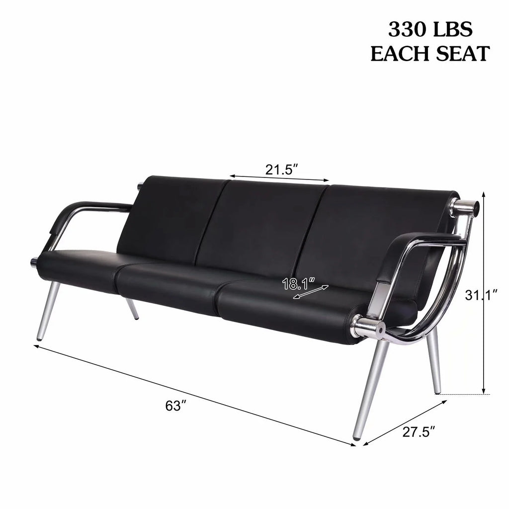 Black Steel Frame 3 Seats PU Leather Reception Bench R9605