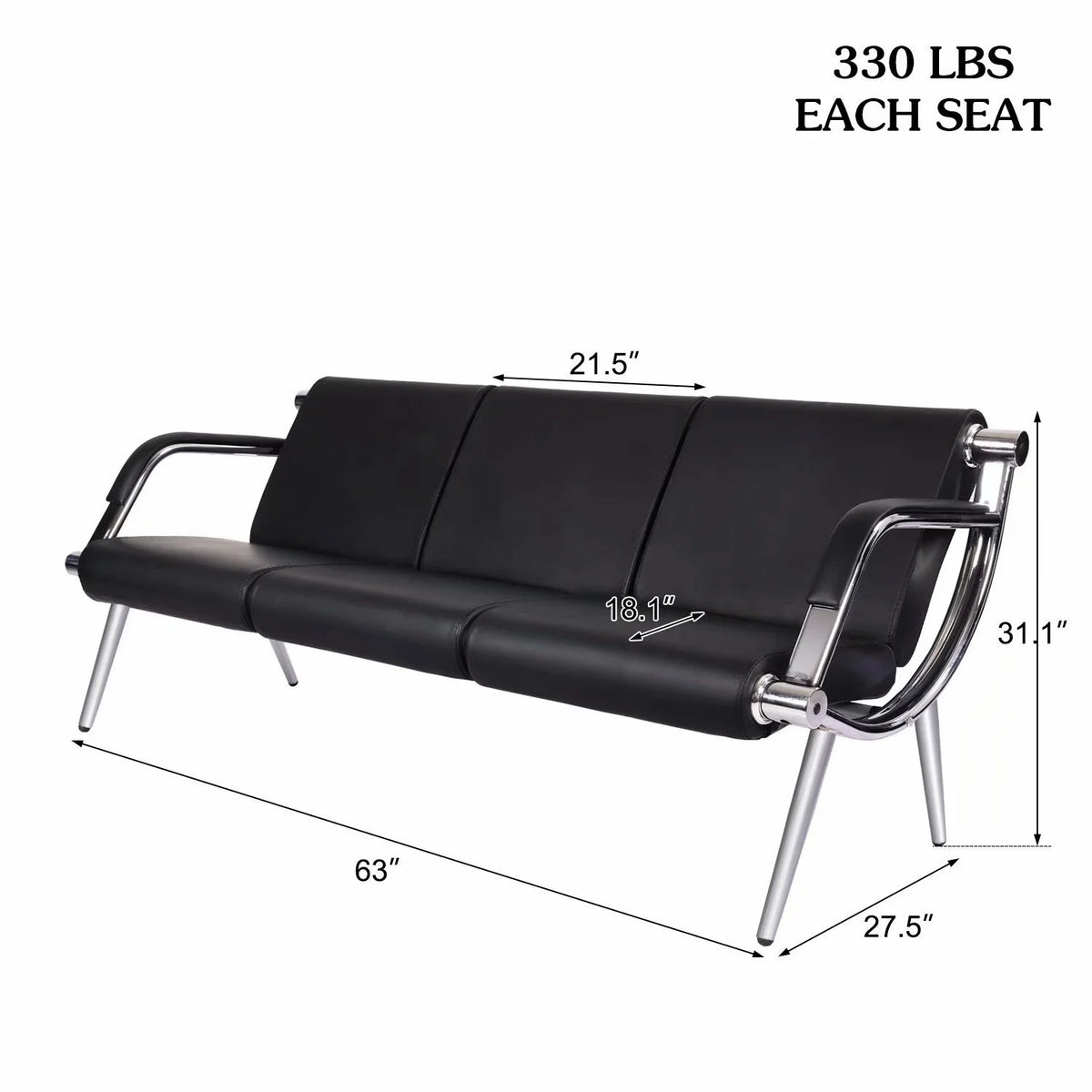 Black Steel Frame 3 Seats PU Leather Reception Bench R9605