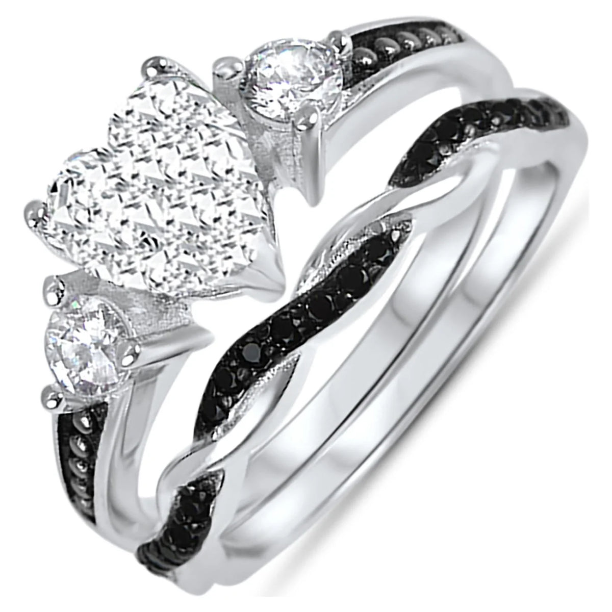 3 Piece Sterling Silver Black Wedding Band Engagement Ring Set V278796