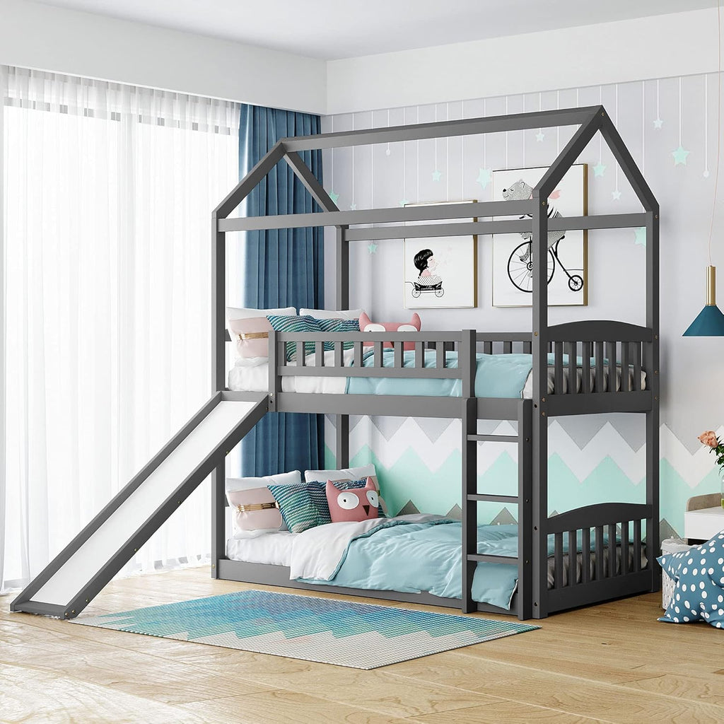 Twin Over Twin Metal Bunk Bed with Slide and Integrated Ladder, Black X460