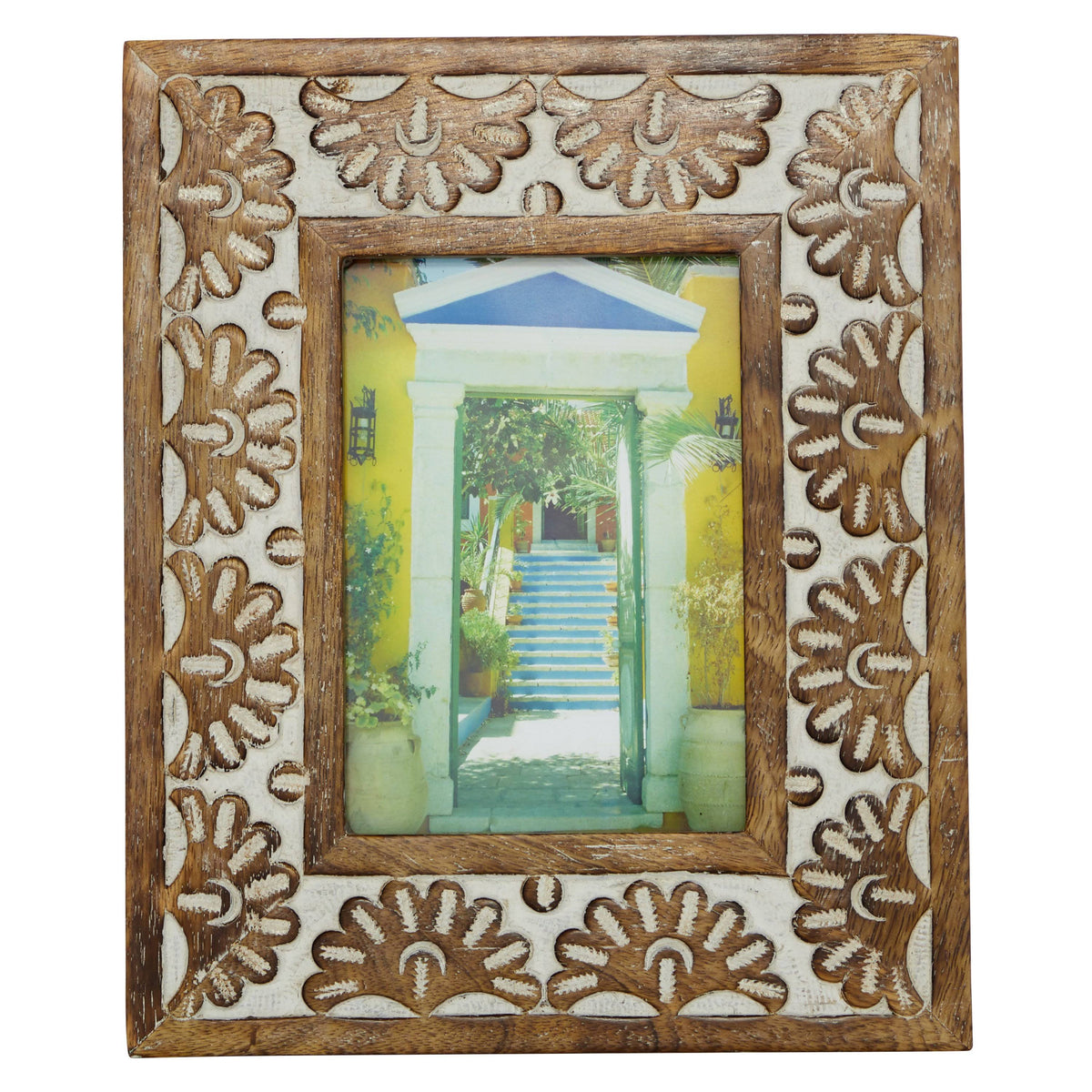 9 in. x 11 in. Rectangular Carved Wood Antique Floral Picture Frame, Whitewash Finish, Brown J557814