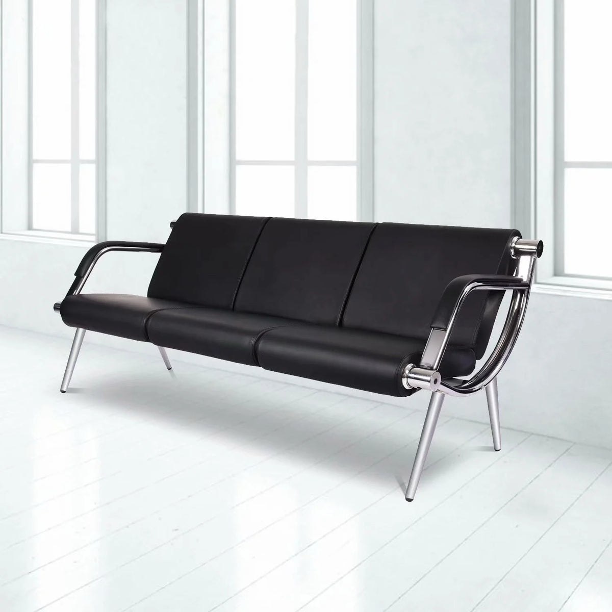 Black Steel Frame 3 Seats PU Leather Reception Bench R9605