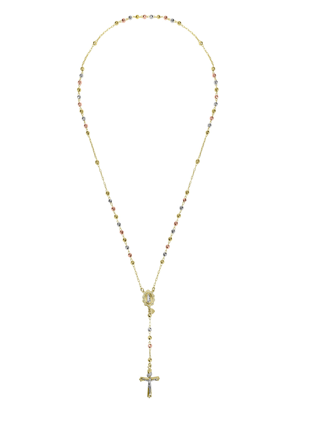 14K Gold Plated Sterling Silver Tri Color Beads Rosary Necklace 26" V9547