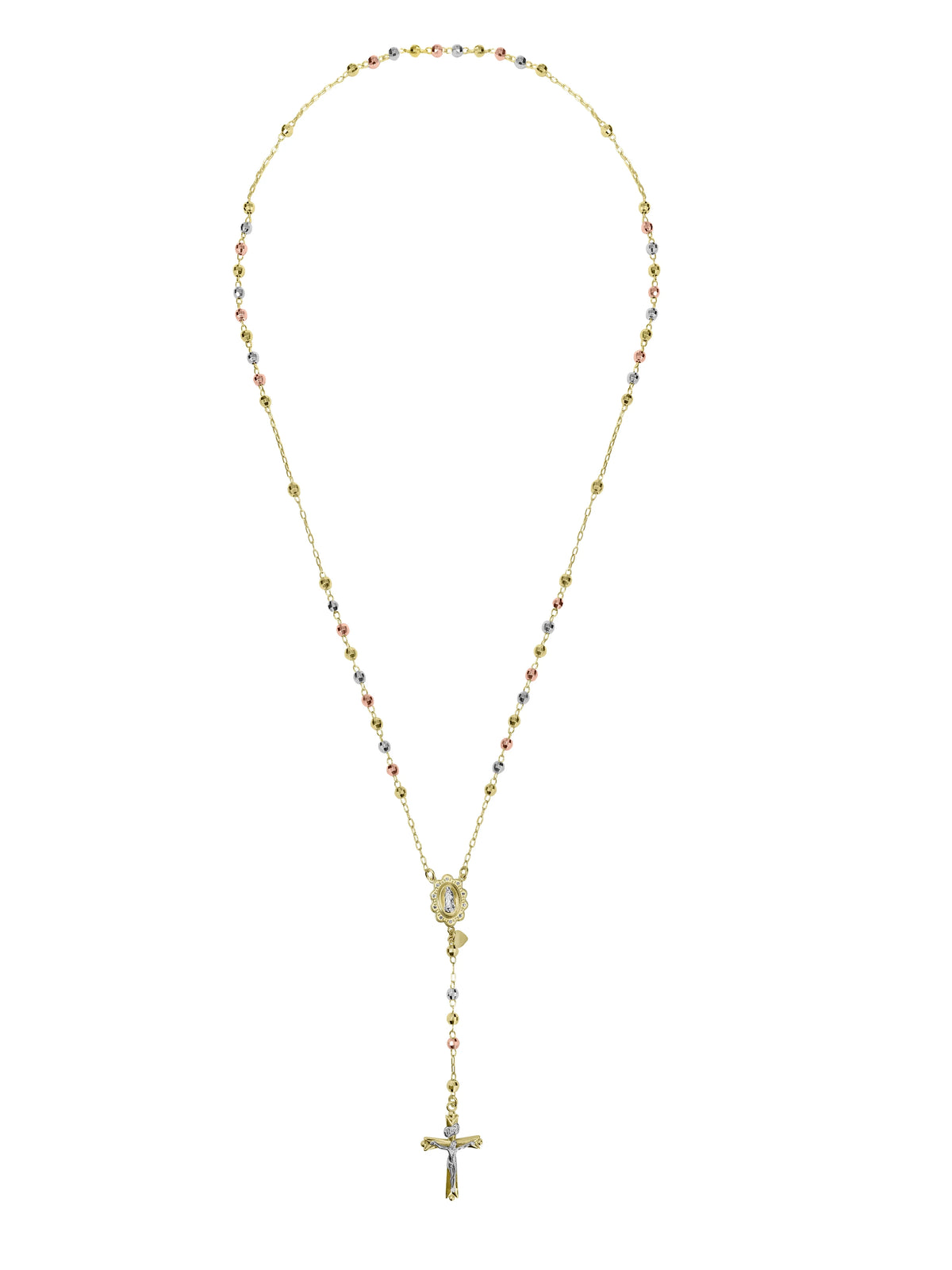 14K Gold Plated Sterling Silver Tri Color Beads Rosary Necklace 26" V9547
