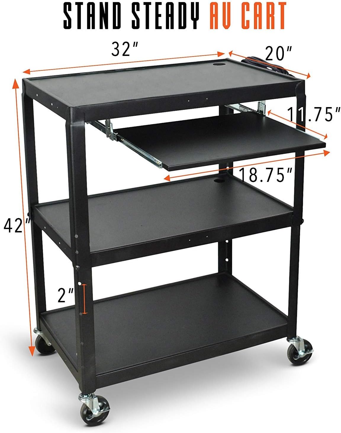 AV Cart on Wheels with Height Adjustable Top Shelf, Pullout Keyboard Tray, 15 ft Power Cord, 42in x 24in x 18in, Black Q56535