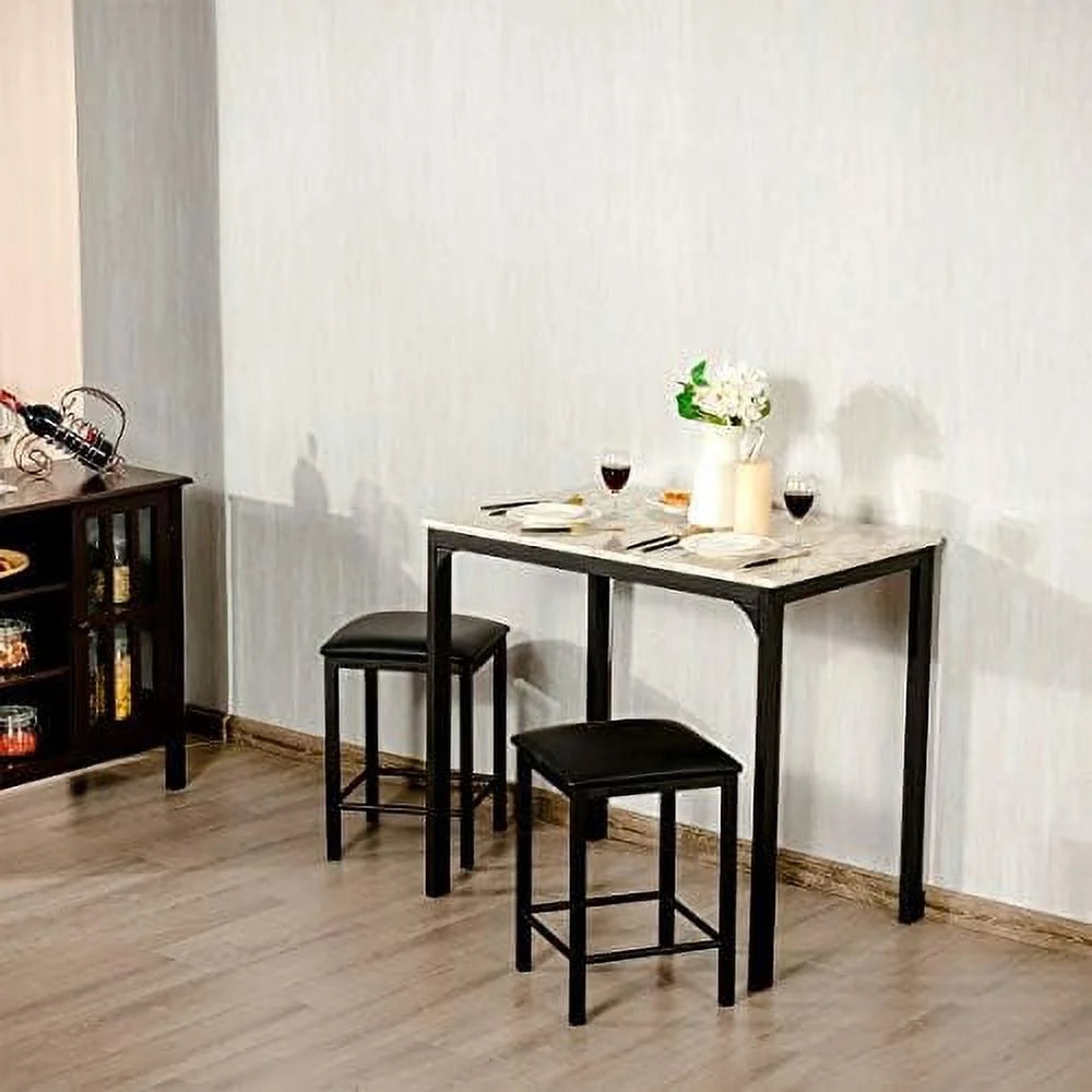 Black 3 Pieces Dining Table Set with Faux Marble Tabletop and PU Leather Stools E99979