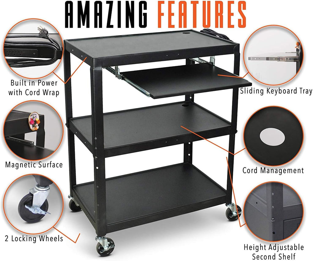 AV Cart on Wheels with Height Adjustable Top Shelf, Pullout Keyboard Tray, 15 ft Power Cord, 42in x 24in x 18in, Black Q56535