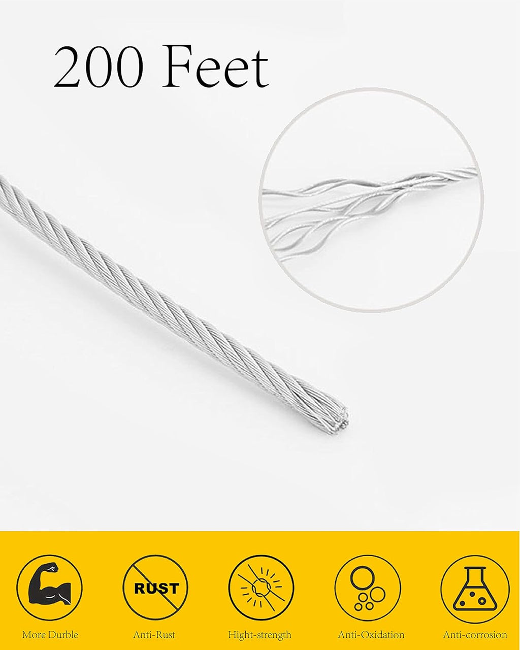200 Ft 1/8 Metal Wire Rope with Loop Sleeve and Stainless Steel Thimble E33400