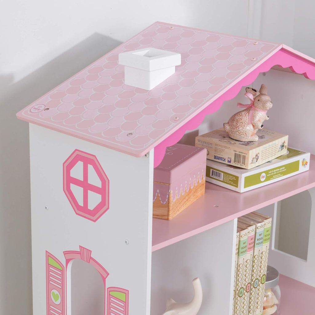 Wooden Dollhouse Bookcase with Shelves and Hidden Storage J389671
