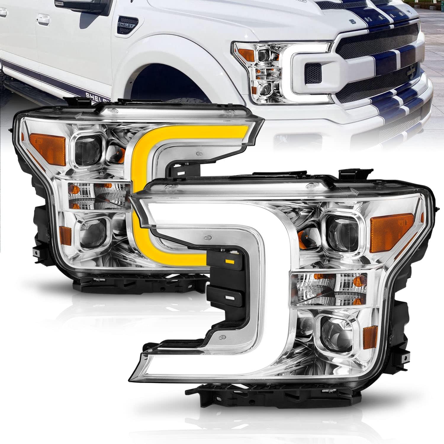 Black Quad Projector Headlights with LED Light Bar Assembly Set B508