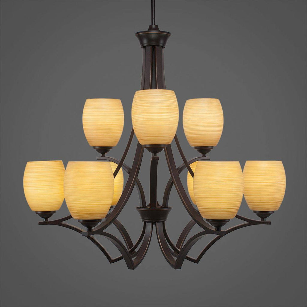 Nine Light 2-Tier Chandelier Dark Granite Finish with Linen Glass F310