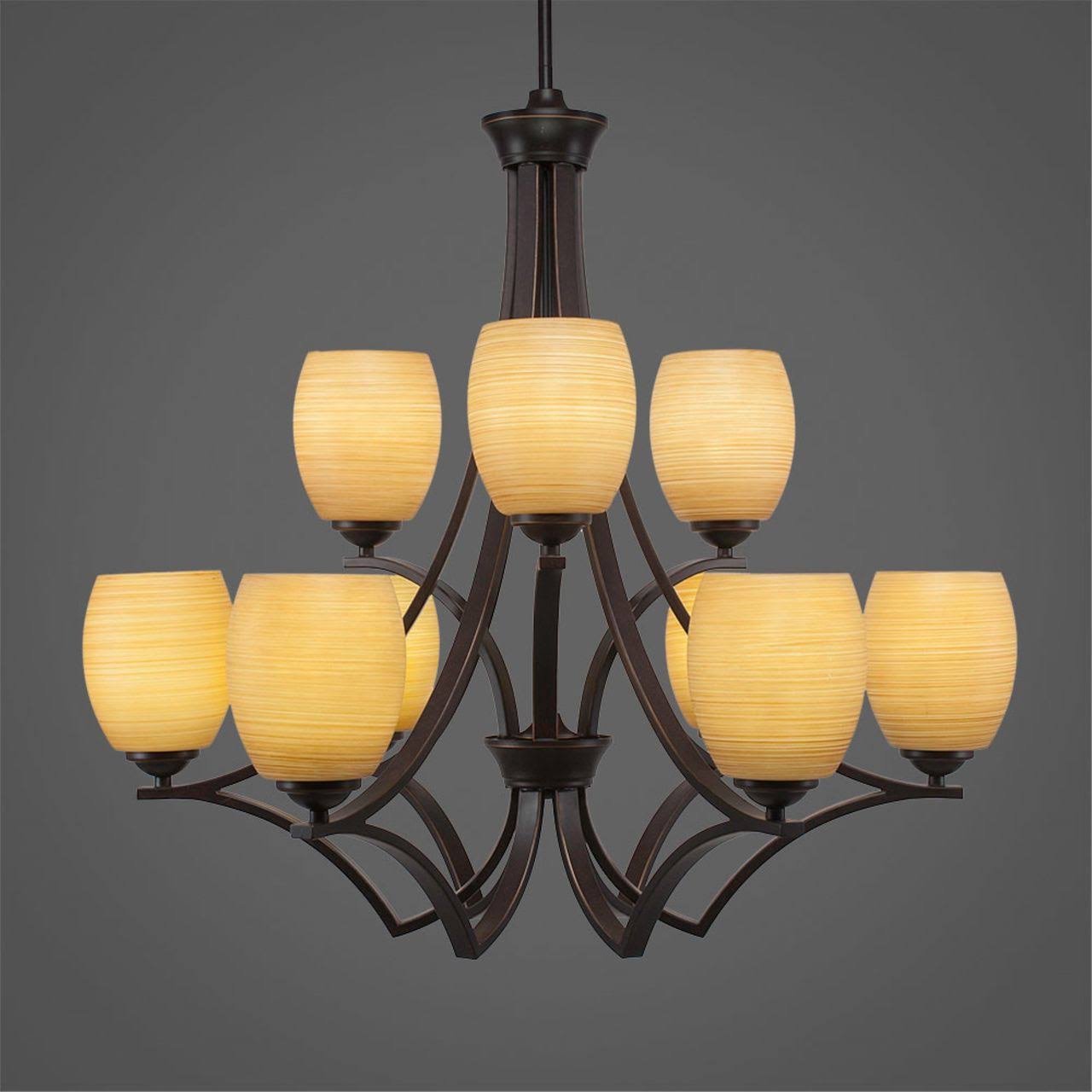 Nine Light 2-Tier Chandelier Dark Granite Finish with Linen Glass F310
