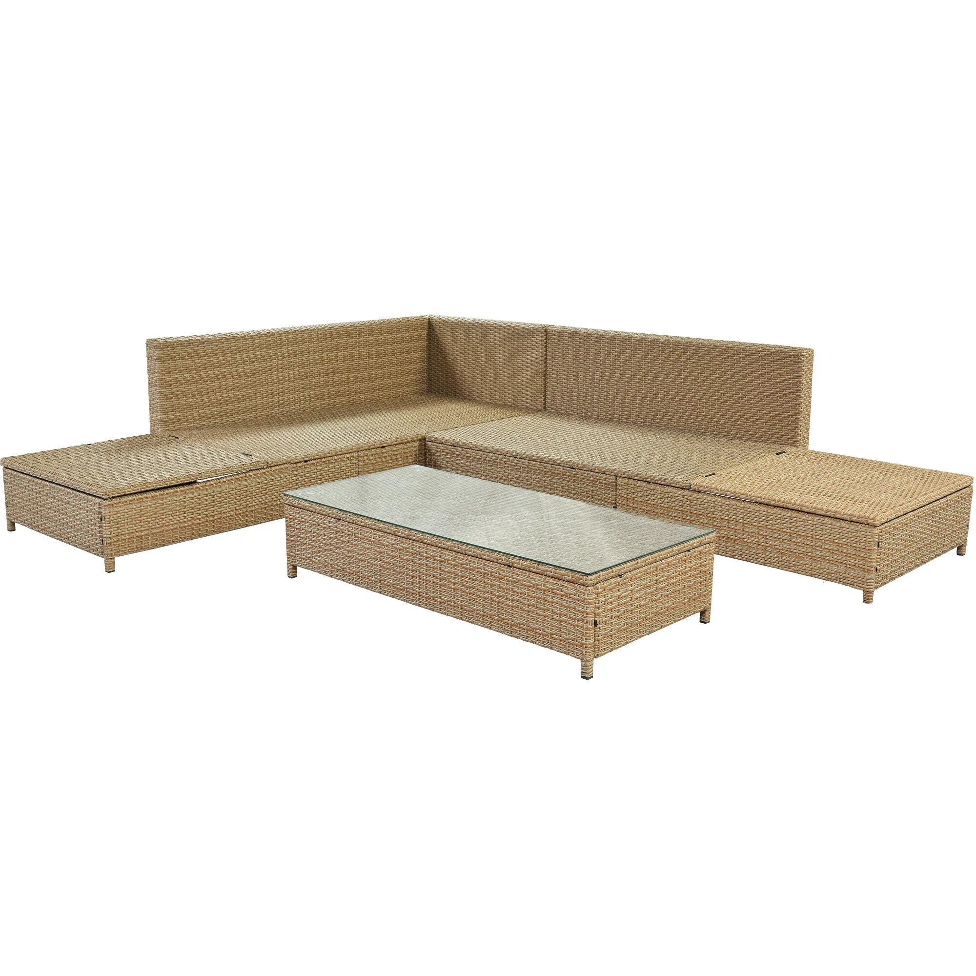 3PCS Rattan Sectional Sofa Set with Adjustable Chaise Lounge Frame and Tempered Glass Table B476499