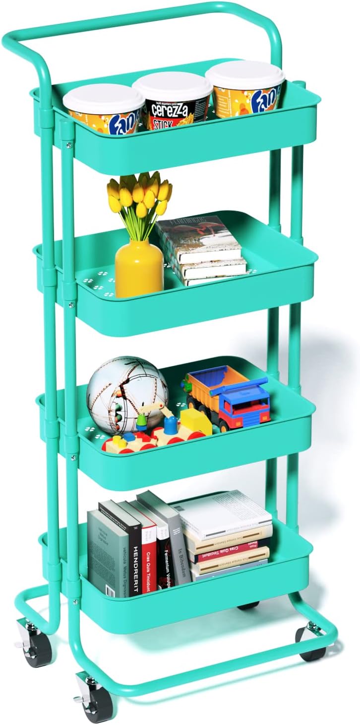 4 Tier Utility Rolling Cart with Lockable Wheels, Mesh Basket and 5 Hooks M7823