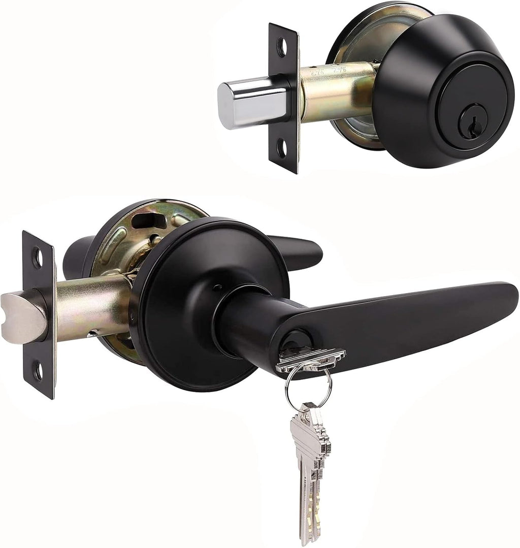 2 Pack Keyed Entry Door Lever and Single Cylinder Deadbolt Combination Set in Matte Black Finish I6874