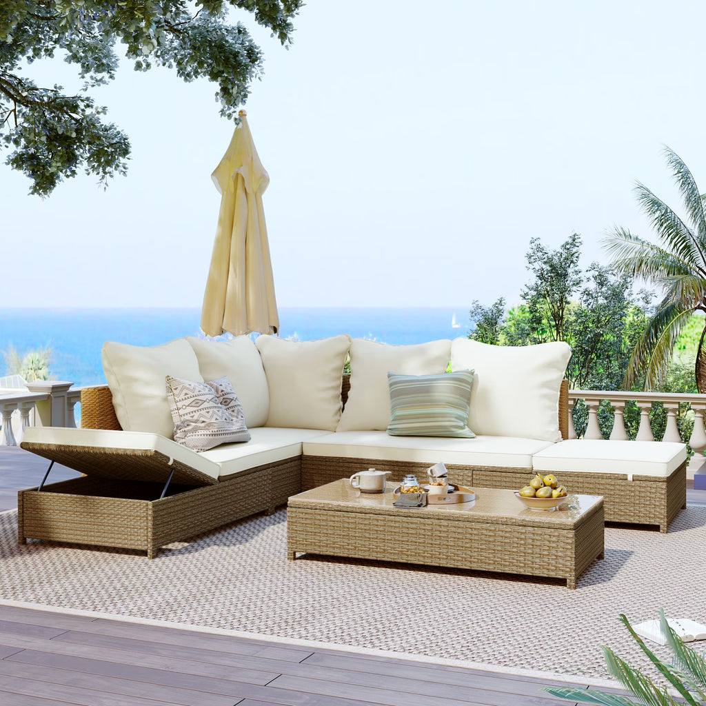 3PCS Rattan Sectional Sofa Set with Adjustable Chaise Lounge Frame and Tempered Glass Table B476499