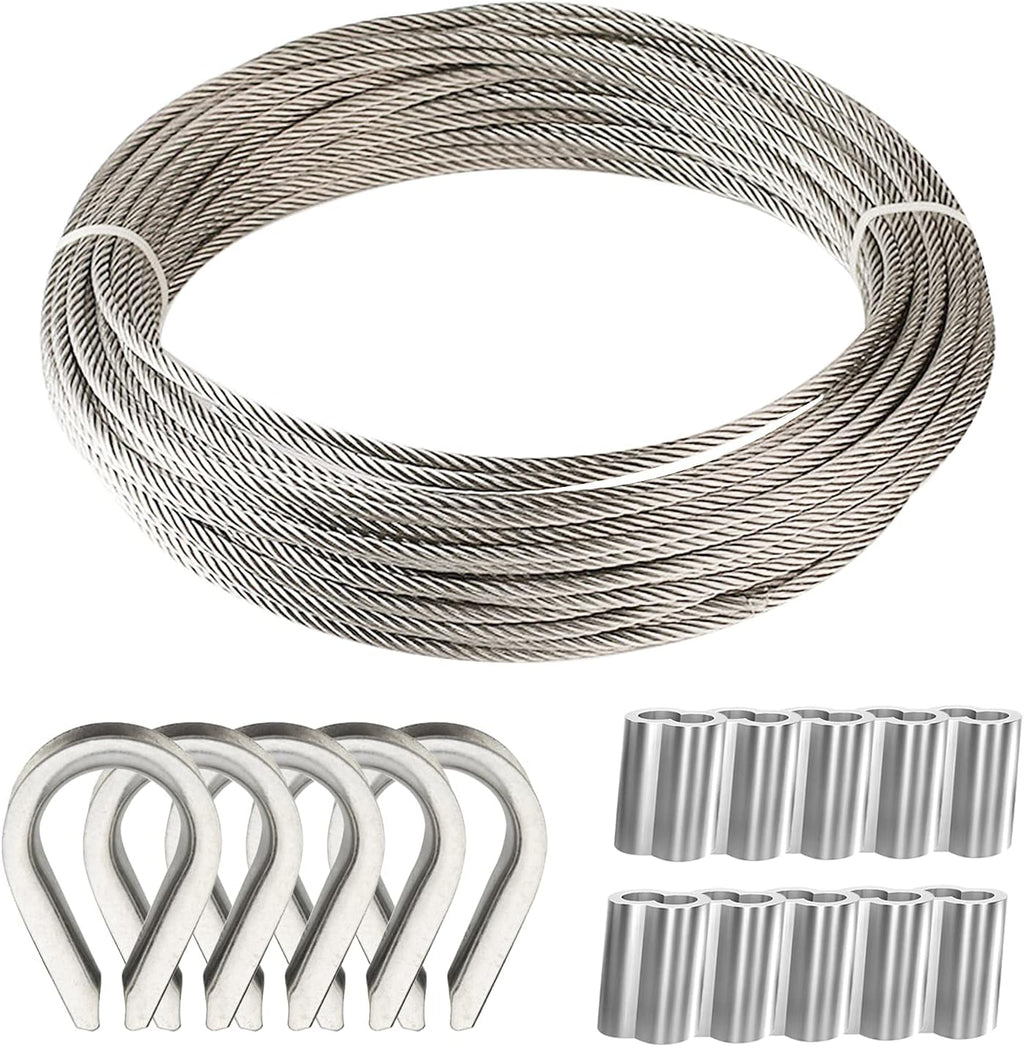 200 Ft 1/8 Metal Wire Rope with Loop Sleeve and Stainless Steel Thimble E33400