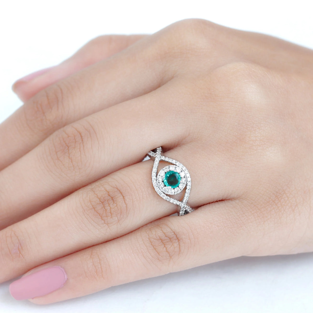 Emerald Crossover Ring with Diamond, 1 CT, 18K White Gold, US 12.50 D533