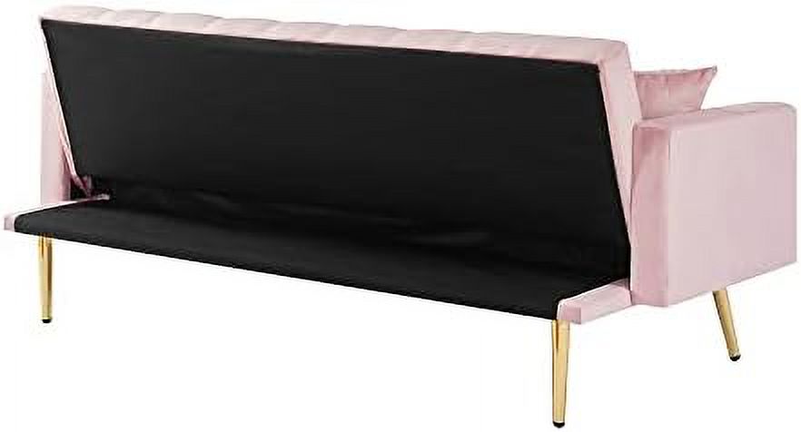 Pink Velvet Futon Sofa Bed with Two Pillows and Metal Legs L36056