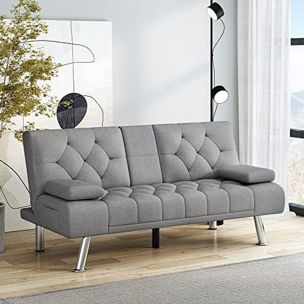 Dark Grey Upholstered Convertible Futon Sofa Bed with Removable Armrests L815535