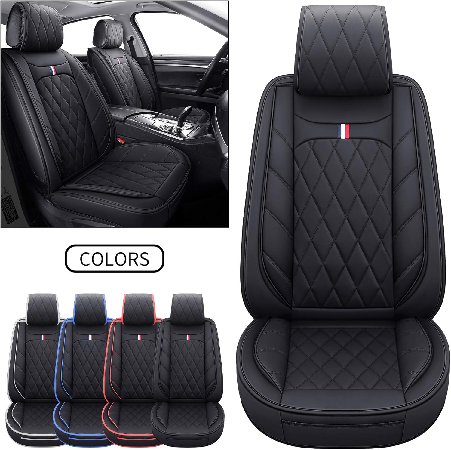 5 Car Seat Covers Full Set Waterproof Leather Automotive Cushions Split Bench 40/60 Universal (Full Set, Black-Blue) O12474