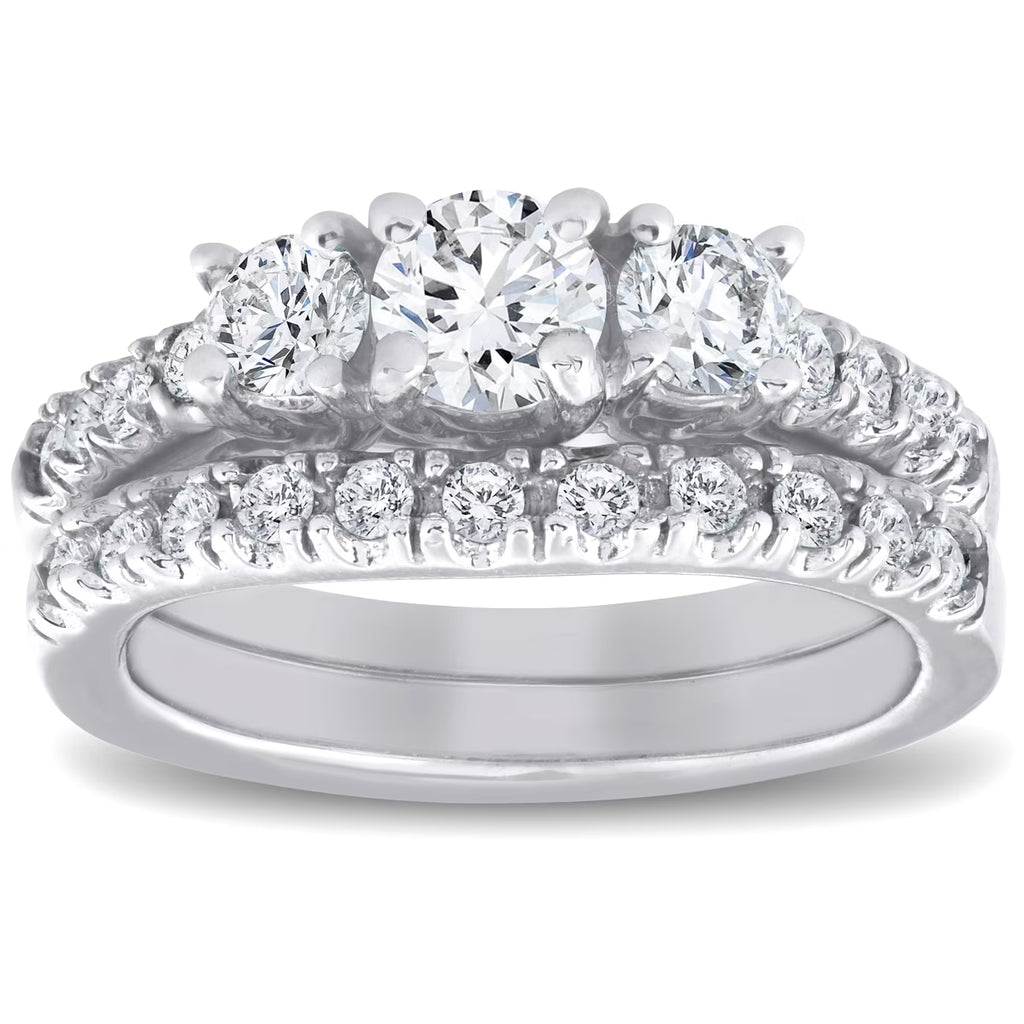 1 1/2 ct 3-Stone Diamond Engagement Ring Matching Wedding Band Set White Gold X9260