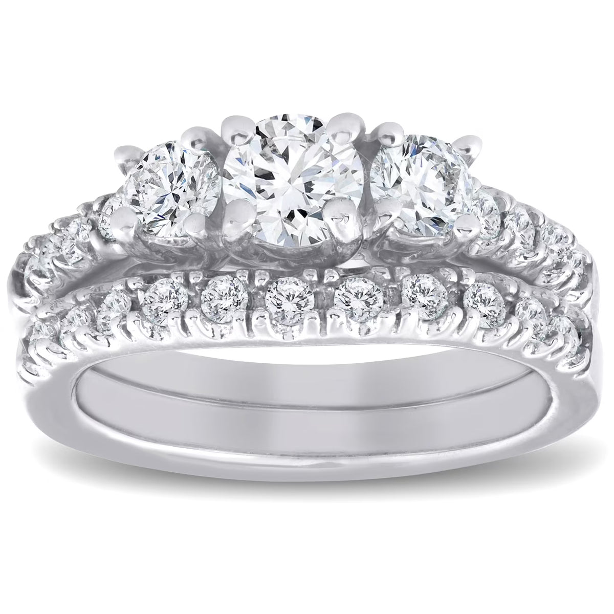 1 1/2 ct 3-Stone Diamond Engagement Ring Matching Wedding Band Set White Gold X9260