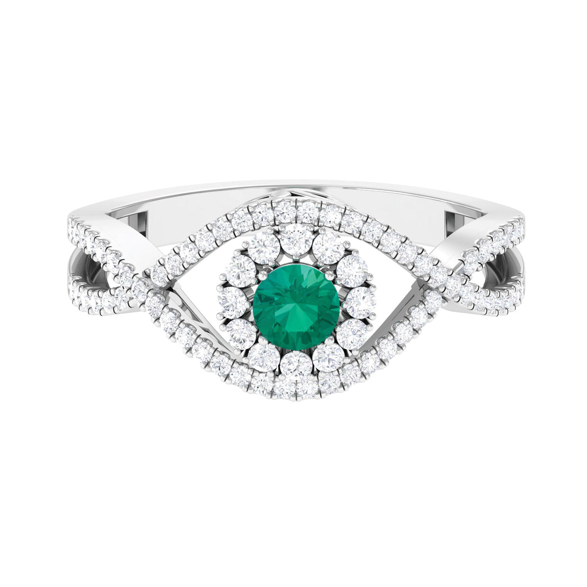 Emerald Crossover Ring with Diamond, 1 CT, 18K White Gold, US 12.50 D533