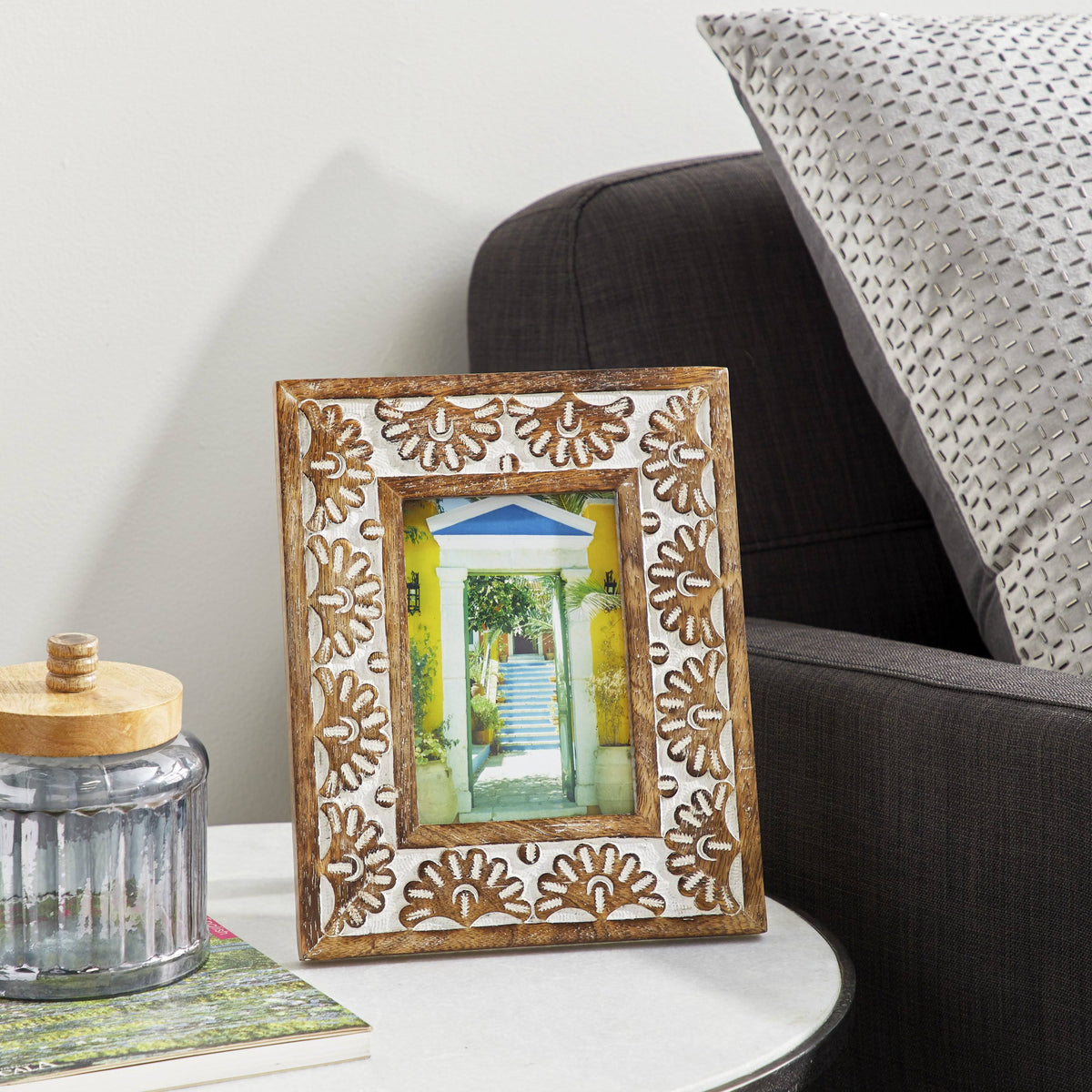 9 in. x 11 in. Rectangular Carved Wood Antique Floral Picture Frame, Whitewash Finish, Brown J557814