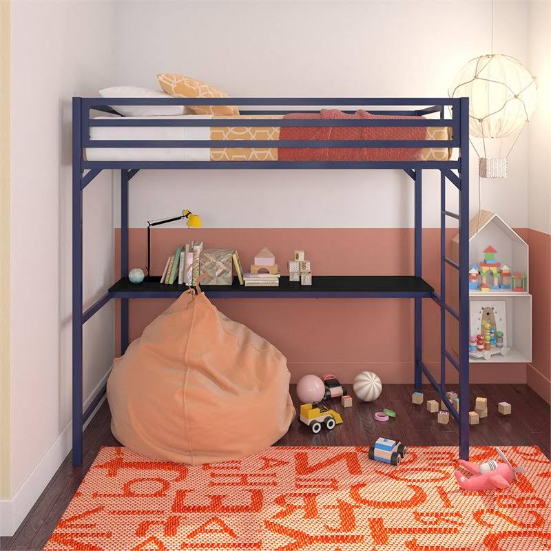 Twin Metal Loft Bed with Desk in Blue E910