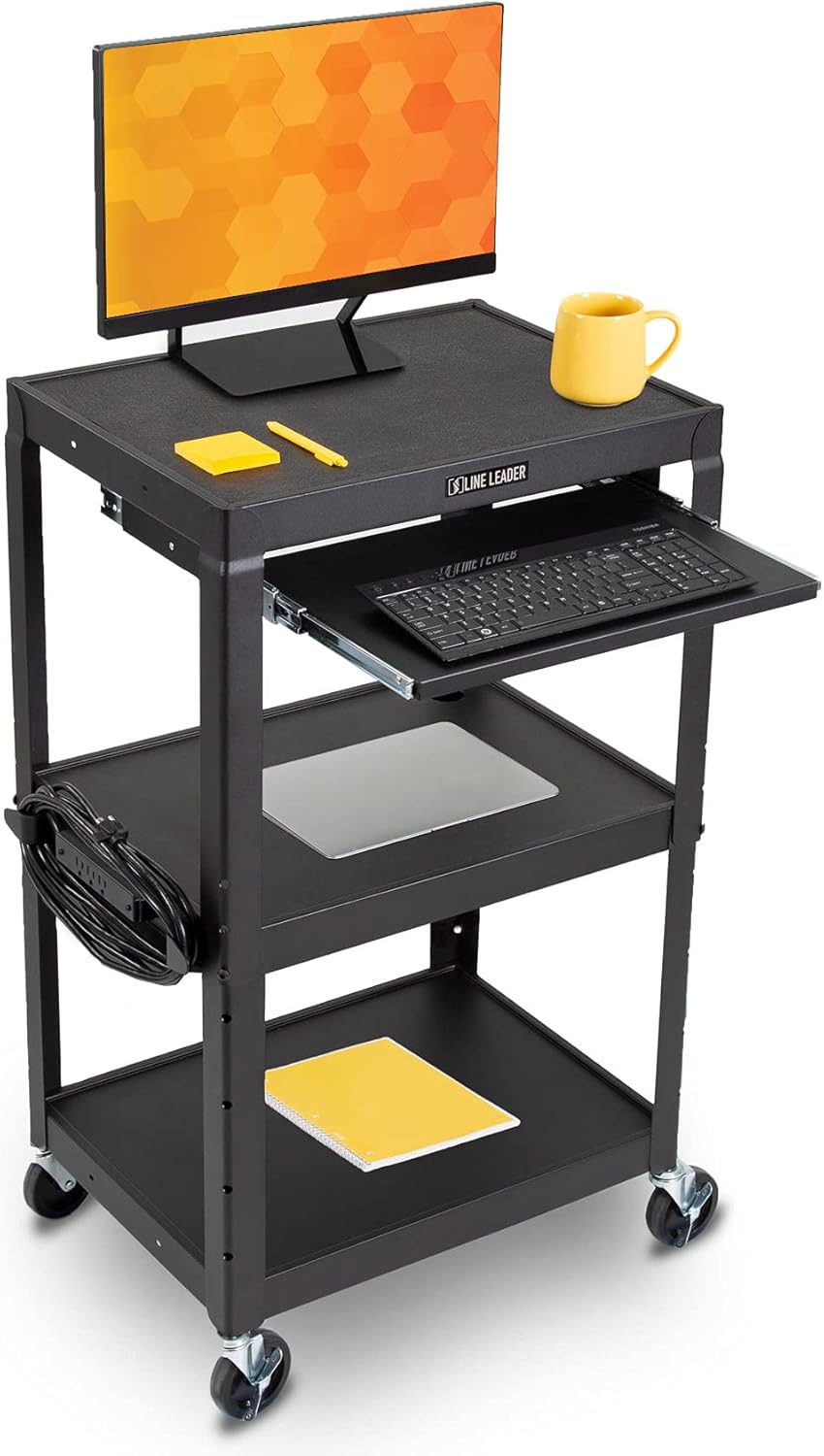AV Cart on Wheels with Height Adjustable Top Shelf, Pullout Keyboard Tray, 15 ft Power Cord, 42in x 24in x 18in, Black Q56535