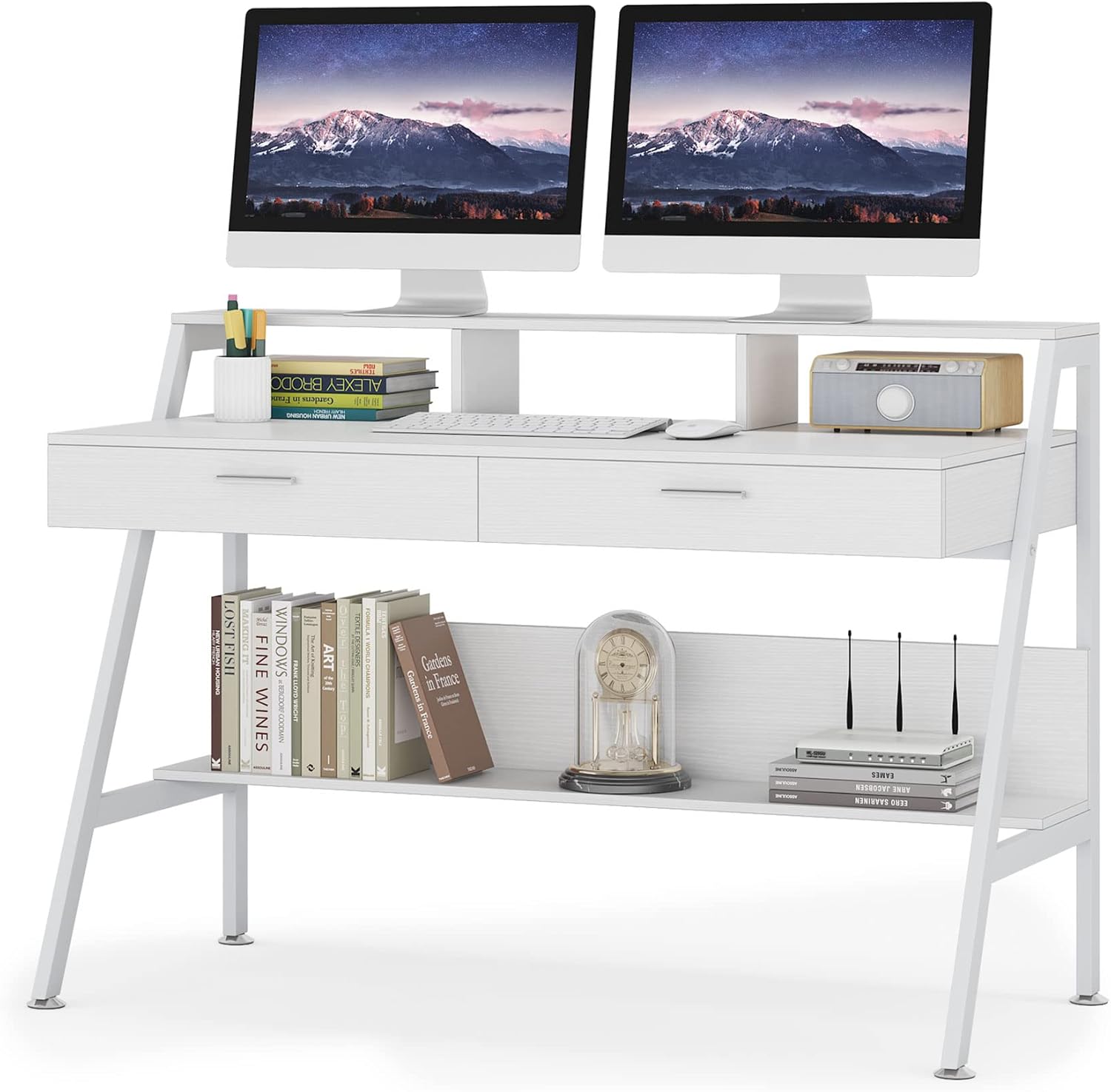White 47 inch Computer Desk with Storage Shelf and Drawers E332430
