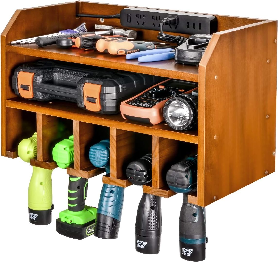 Power Tool Organizer Storage, Drill Holder Wall Mount Charging Station, Wood Cabinet, Pack of 2 Y520157